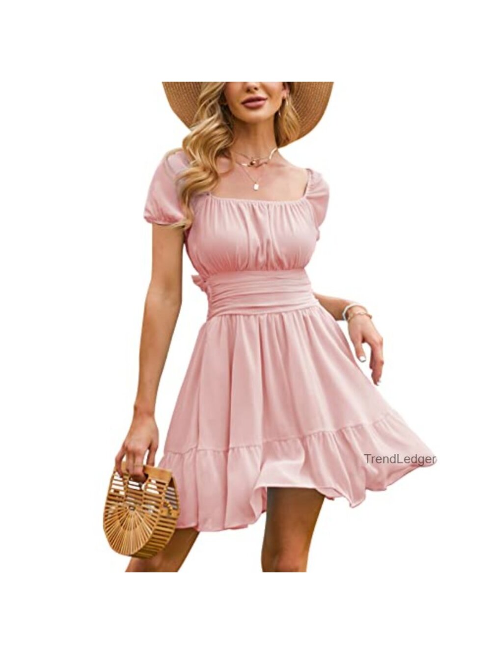 Puff Sleeve Mini Dress Tie Back Smocked Waist Square Neck Chiffon